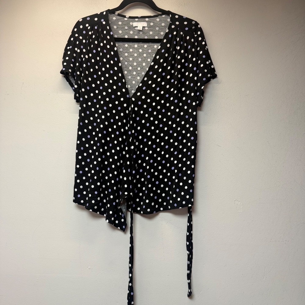 14th & Union Polka Dot Wrap Top Womens Large Black Short Sleeve Tie Side L